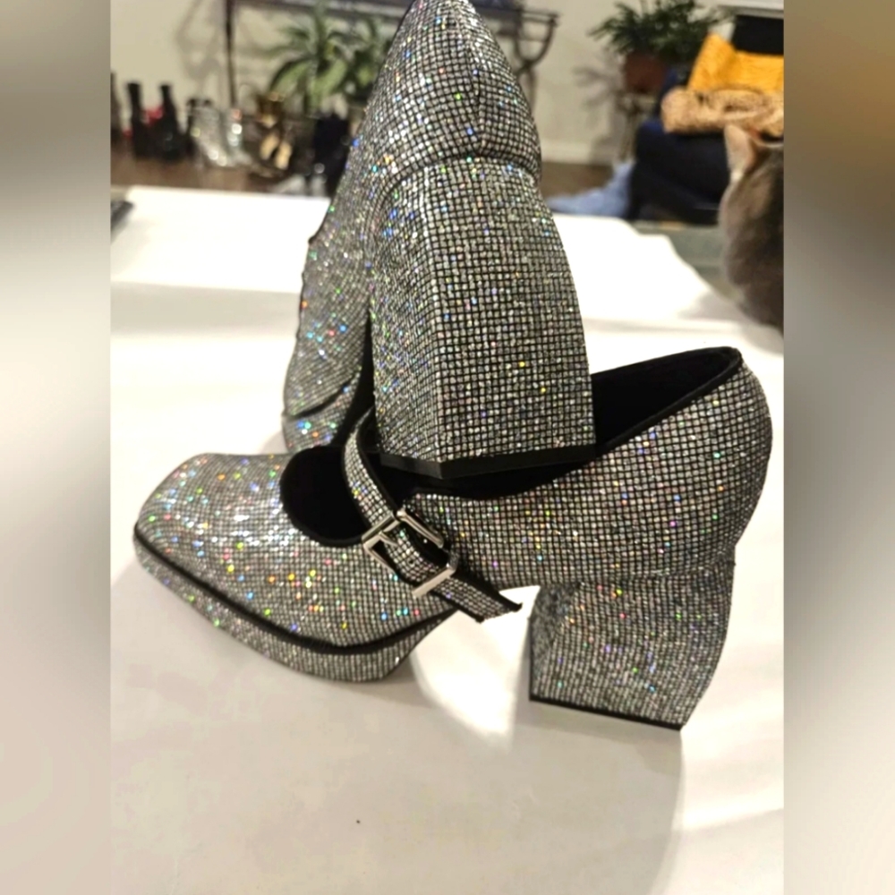 GIANNI BINI GLITTER MARY JANE 2 NIGHT PLATFORM PUMPS NWOT SIZE 9 - Picture 8 of 12